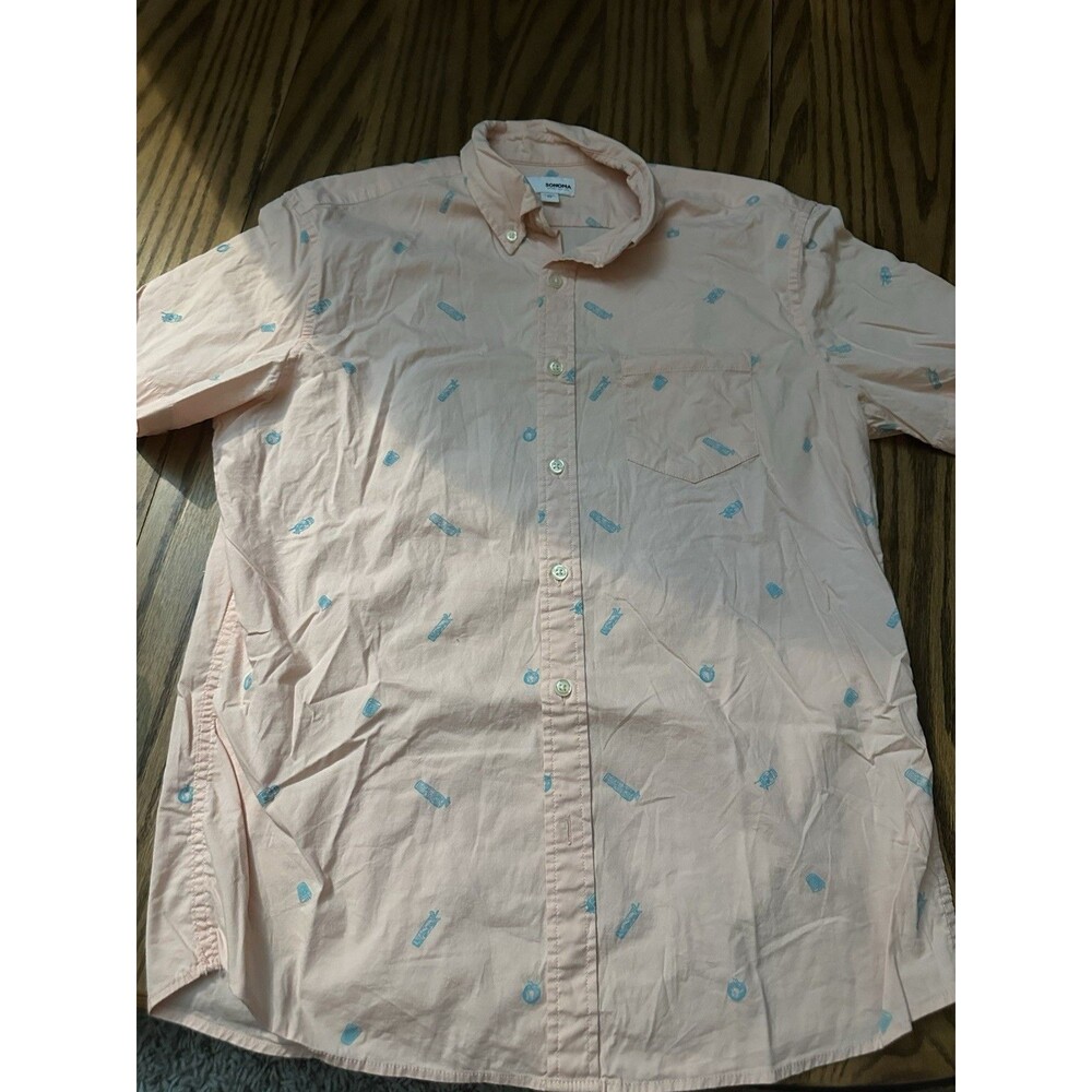 Sonoma Men's Graphic Print Shirt Pink Cotton Short Sleeve Button-Up M Collared